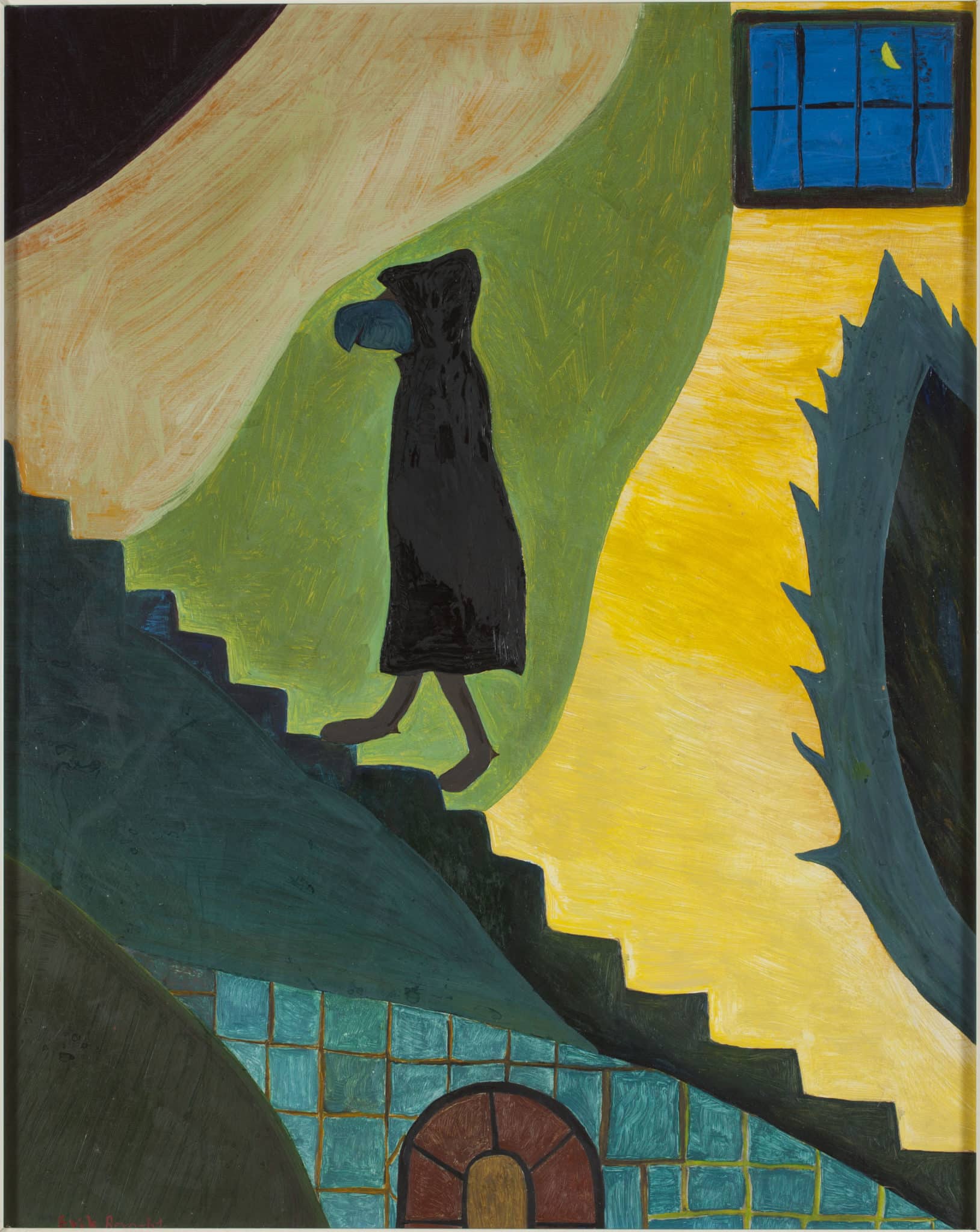 Kunstverket viser en fuglelignende sikkelse i en trapp. Sterke farger