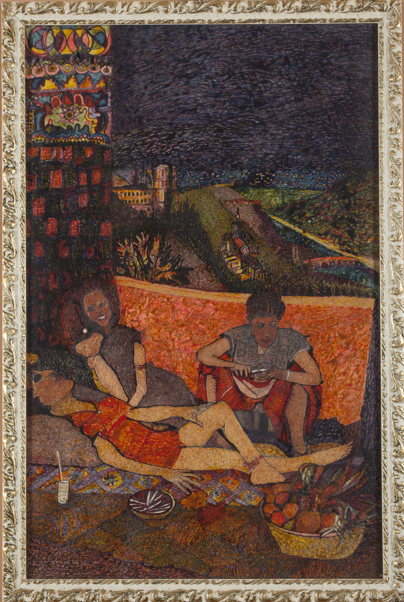 Bildet viser et bilde av Krøsis. Mennesker i sydlandsk klima på en balkong med mørk nattehimmel.