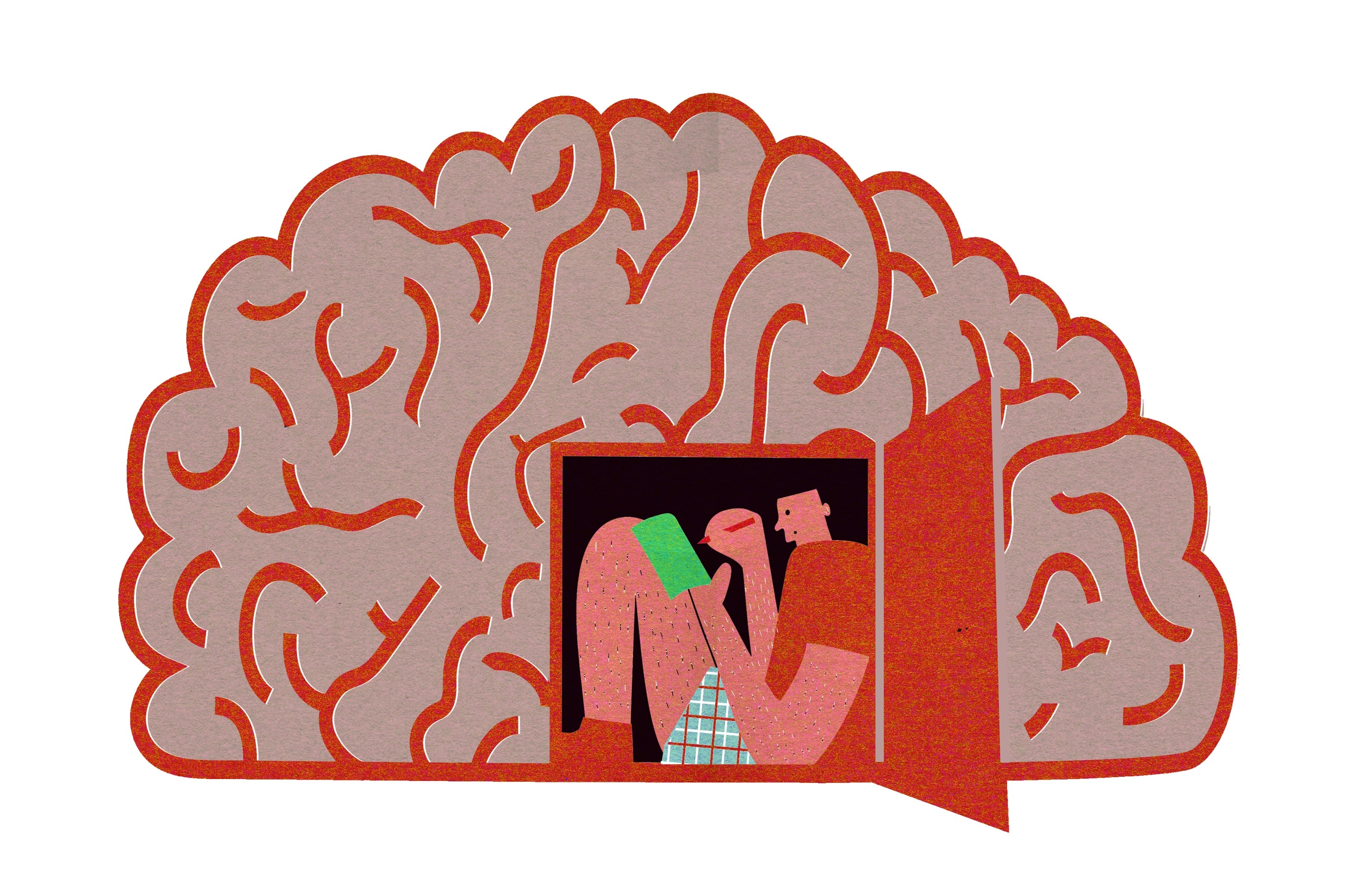 Illustrasjon av hjerne med en dør inn der det sitter en person