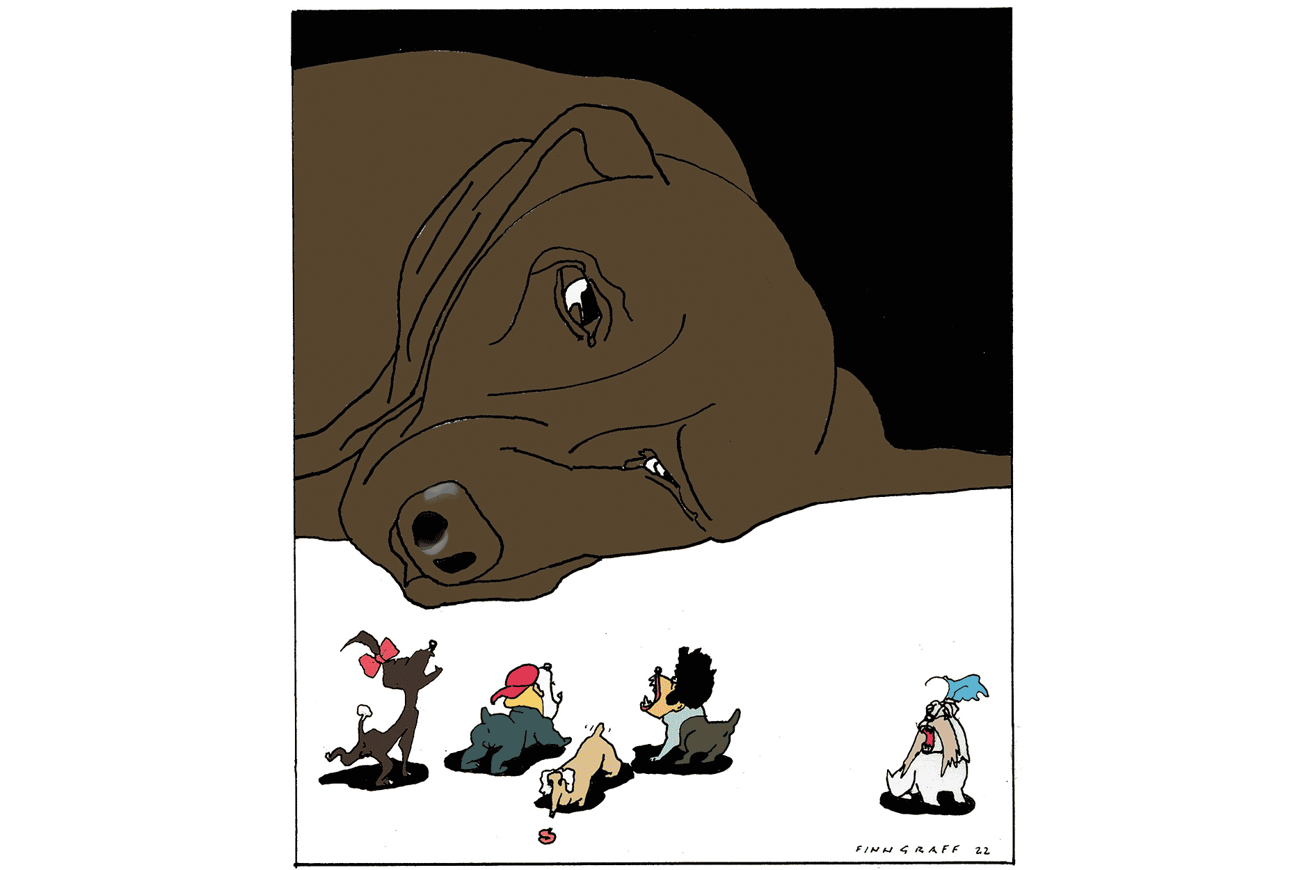 illustrasjon av hund som betrakter andre hunder