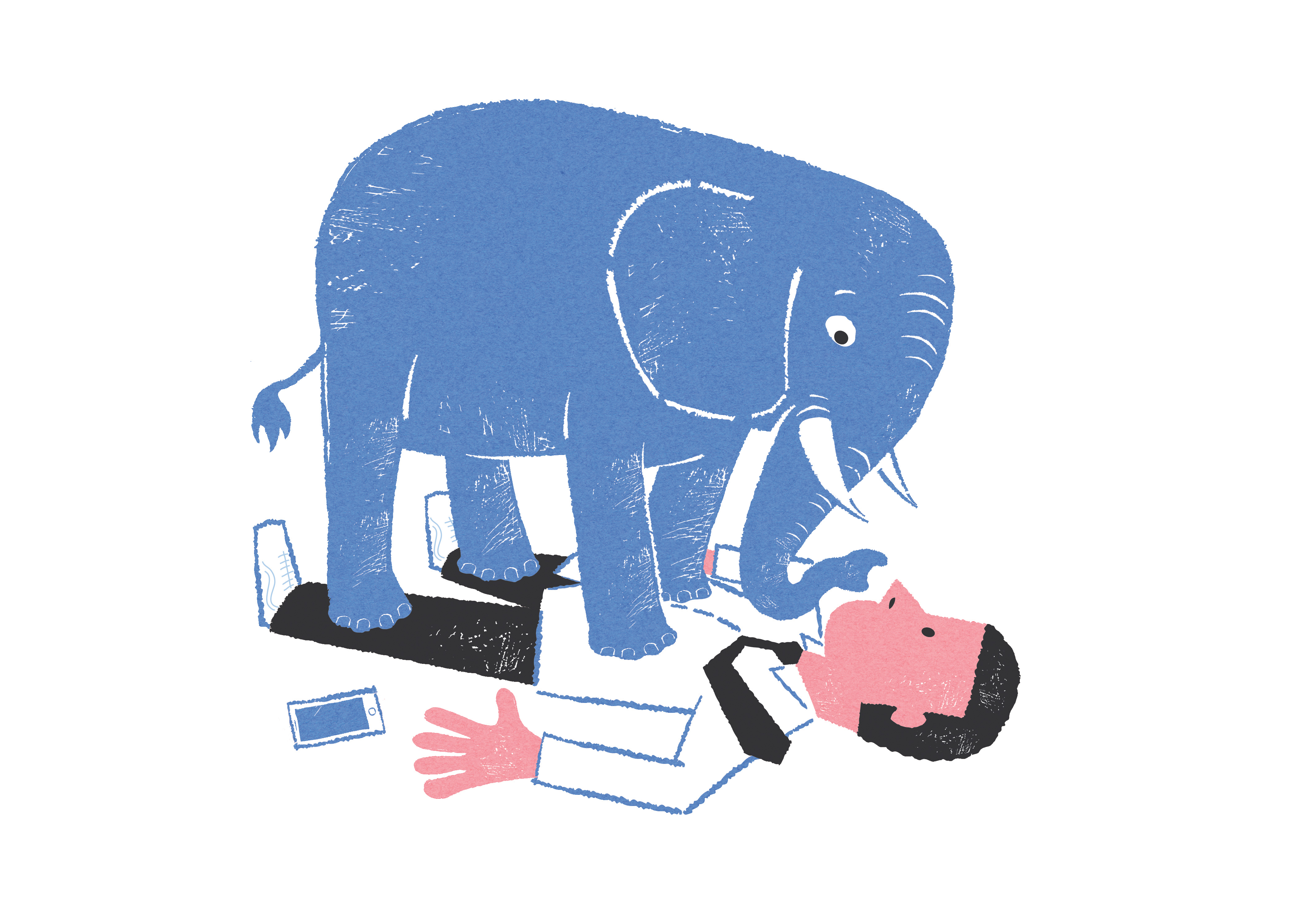 Illustrasjon av elefant som tynger ned en mann