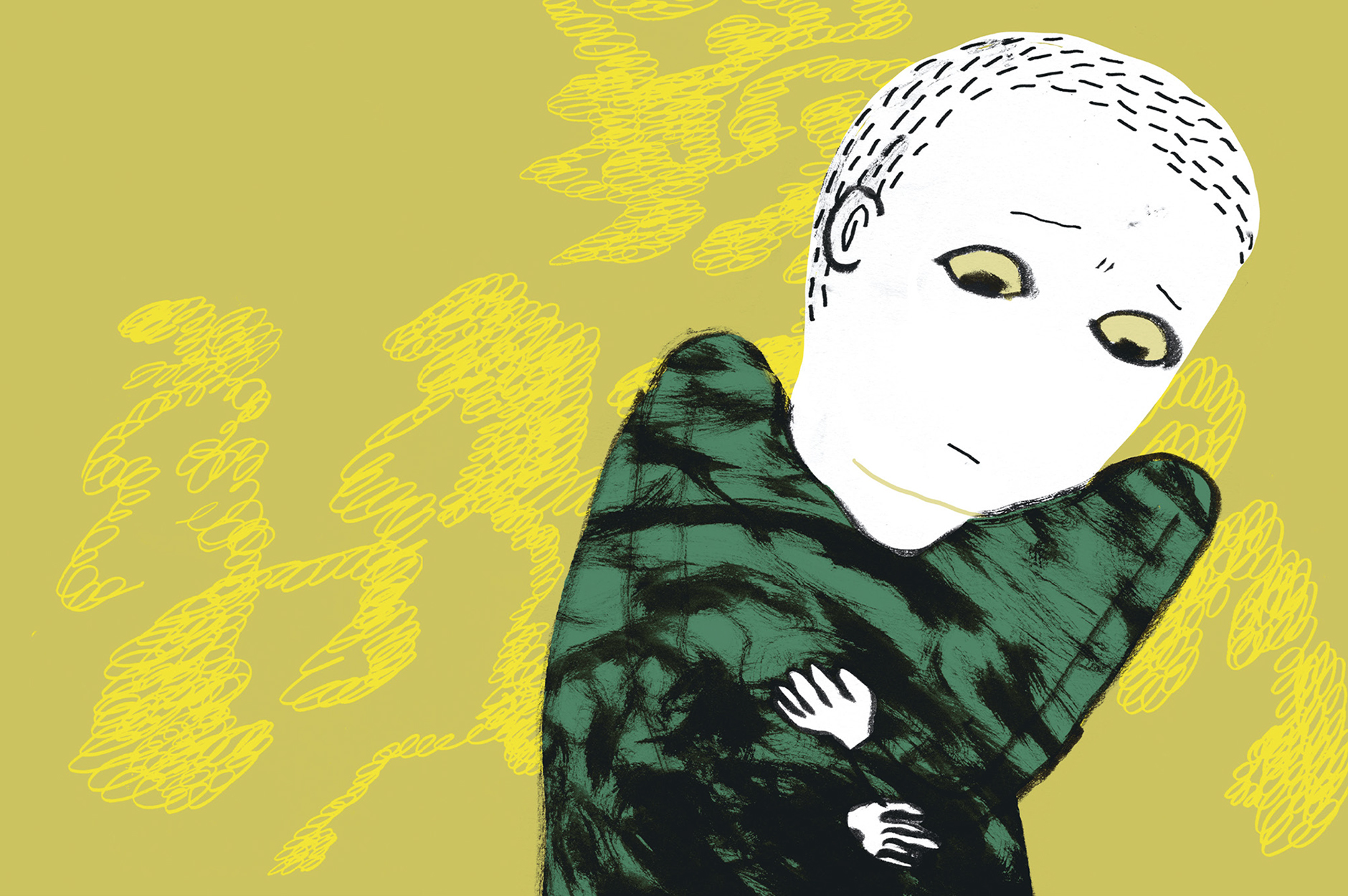 Illustrasjon av redd gutt fra boka «Grevlingdager av Gro Dahle og Kaia Dahle Nyhus.