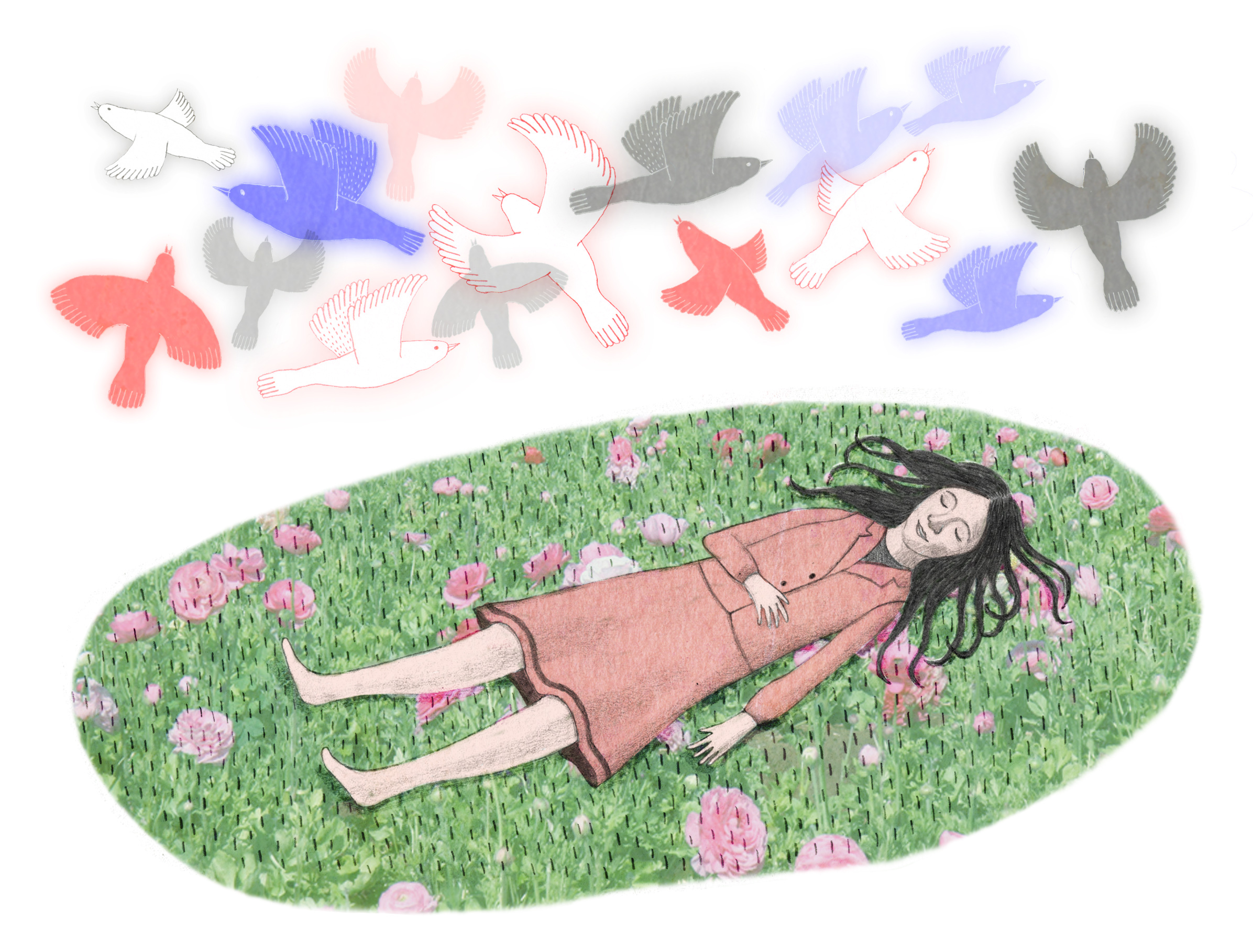 Illustrasjon av dame som ligger i gresset og fugler som kretser over.