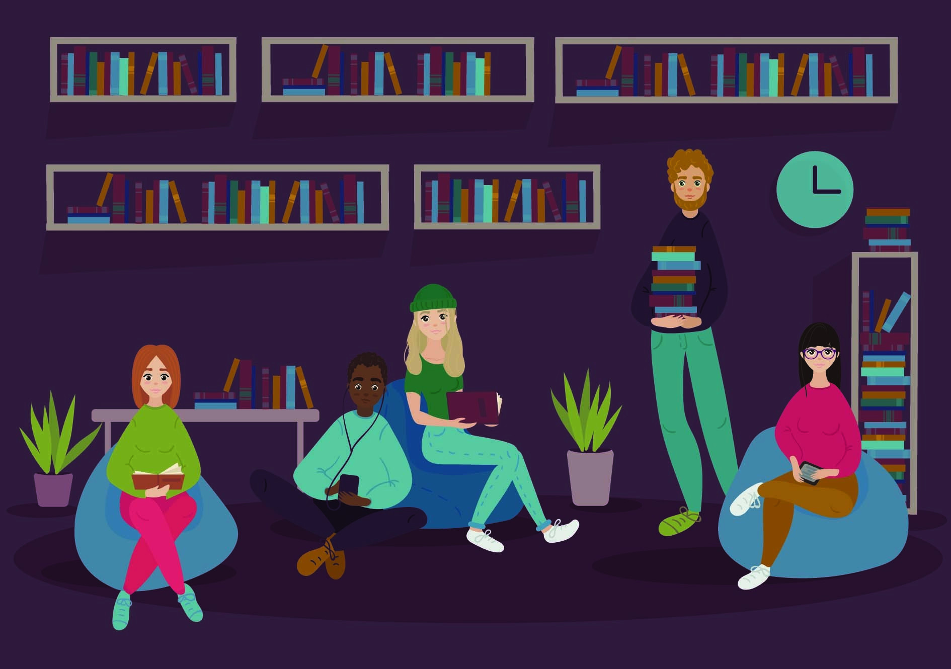 illustrasjon av personer i et bibliotek