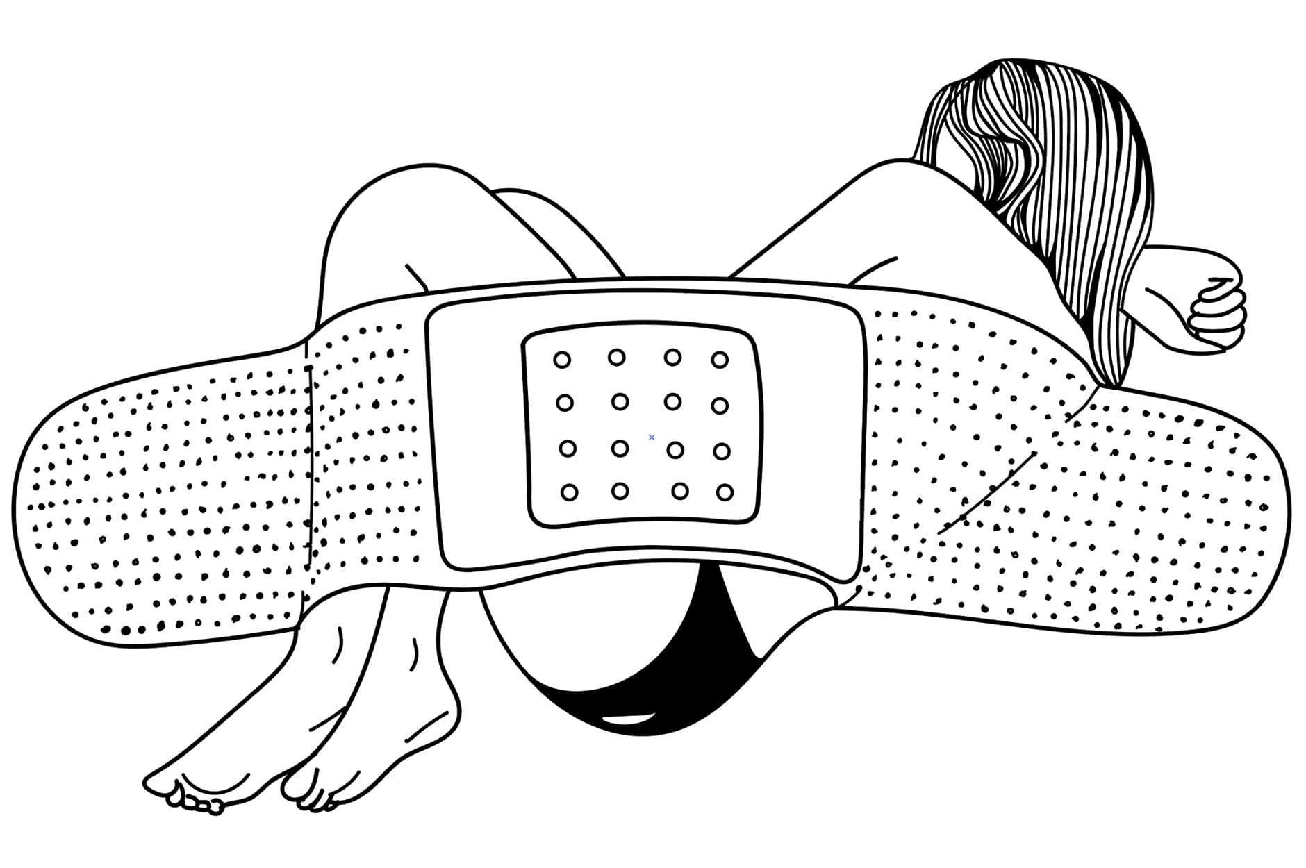 Illustrasjon av jente som ligger i fosterstilling med et stort plaster til dyne