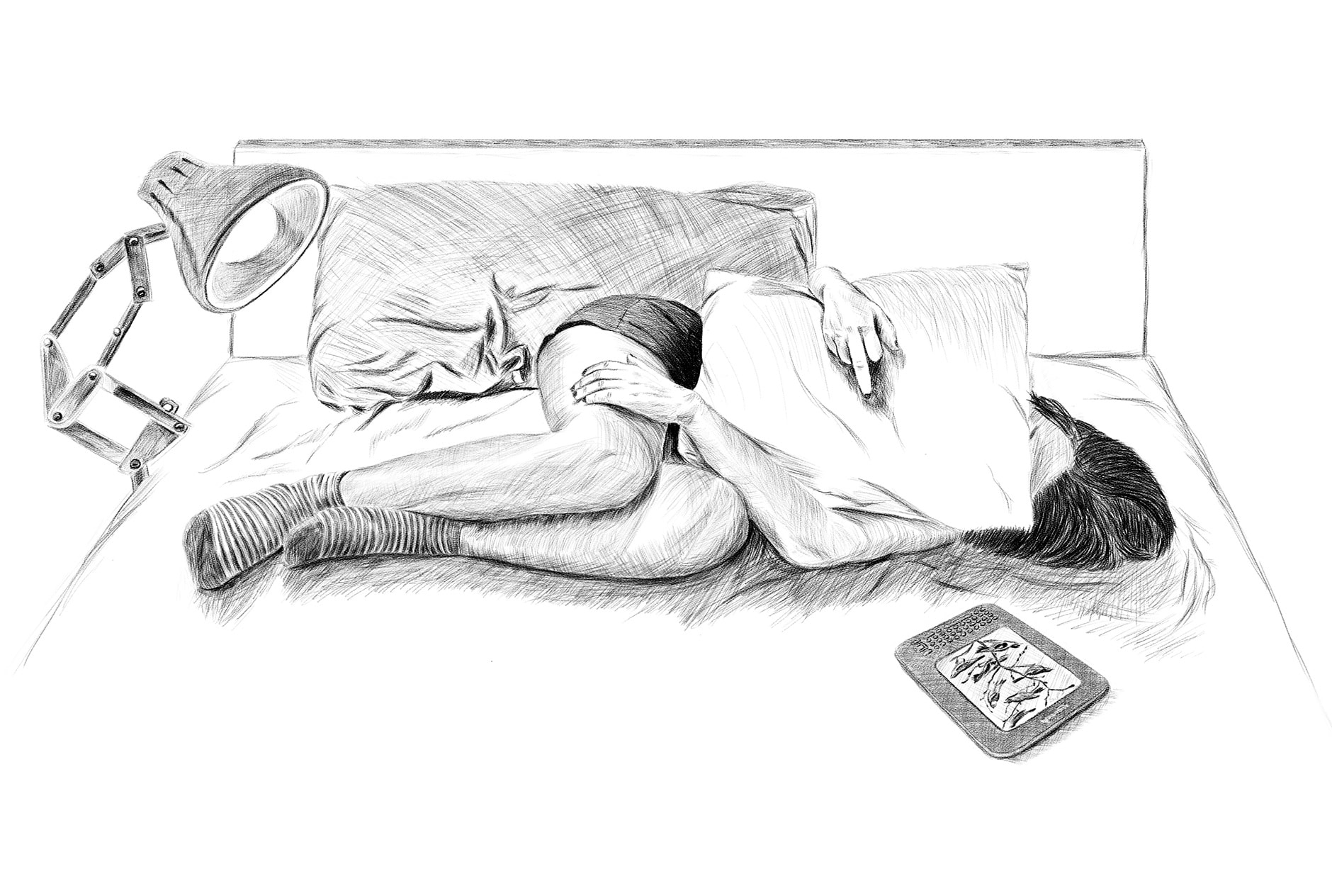 Illustrasjon av jente som ligger alene i senga