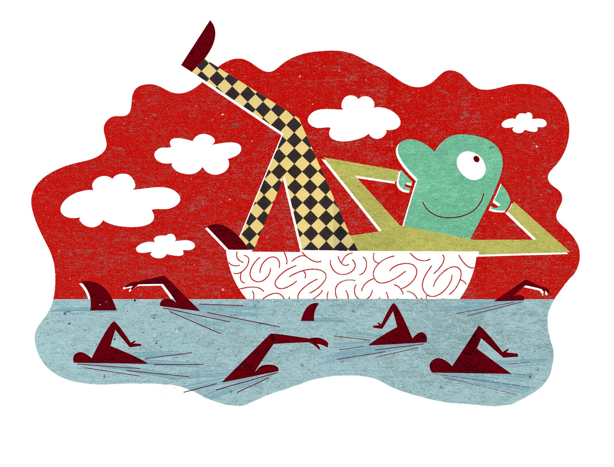 Illustrasjon av mann som slapper av i båten mens de andre svømmer om kapp