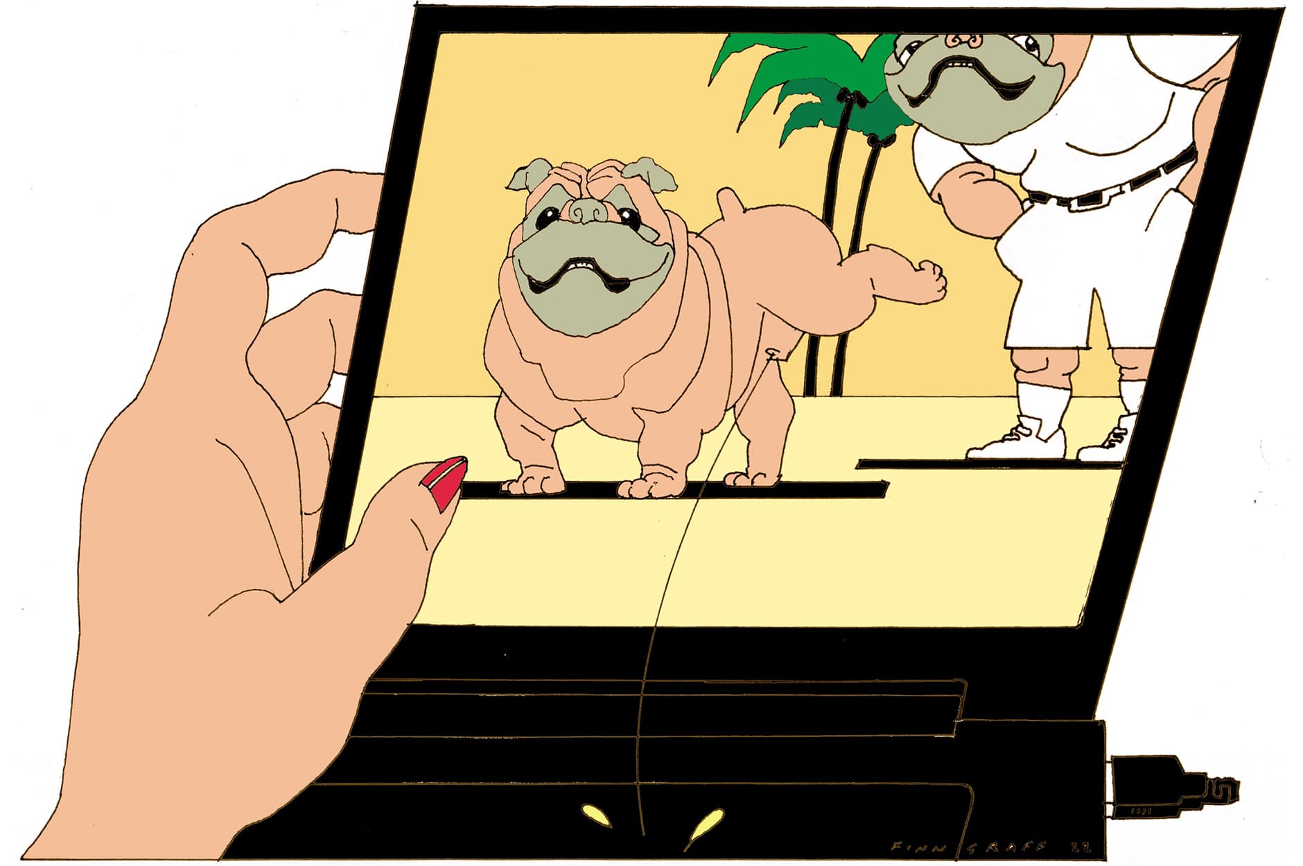 illustrasjon av hund på en dataskjerm som tisser i tastaturet